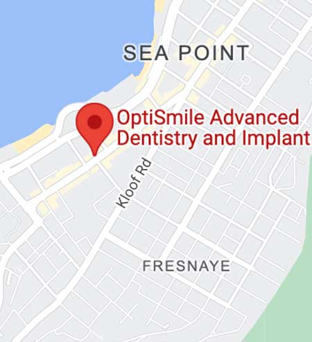 Kaart wat aanwysings na Optismile Advanced Dental and Implant Centre in Seapoint, Kaapstad aandui.