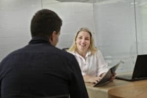 A client discussing options for teeth and lip biting